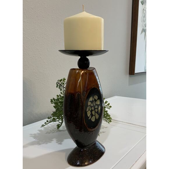 Feng Shui Pillar Candle Holder Wrought Iron Poured Glaze Abalone Shell Inlay - Picture 3 of 8